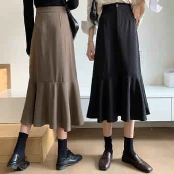 Rudenį ir žiemą 2021 naujų korėjos versija su paaukštintu liemeniu-line sijonas plonas ir išmušti vidutinio ilgio maišelį klubo sijonas moterims