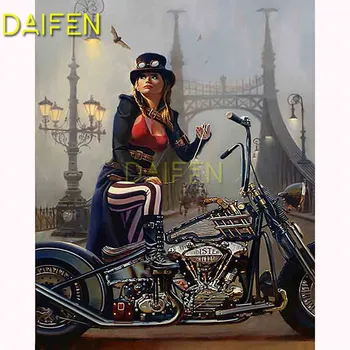 Visiškai Apvalus Deimantas siuvinėjimo kvadratiniu Diamond mozaikos motociklo mergina kaubojus smuikas traukinio 5DIY Diamond tapybos kryželiu