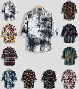 FFXZSJ Prekės vyrų drabužiai retro nacionalinės stiliaus ilgomis rankovėmis stovėti apykaklės medvilnės skalbiniai spausdinti prarasti Henry marškinėliai Europos dydį