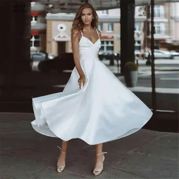 Seksuali Balta Trumpa Vestuvinė Suknelė 2020 V-neck Paplūdimys, Vestuvinės Suknelės Spagečiai Dirželiai Atvira nugara Paprasta Šalies Vestido De Noiva