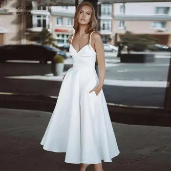 Seksuali Balta Trumpa Vestuvinė Suknelė 2020 V-neck Paplūdimys, Vestuvinės Suknelės Spagečiai Dirželiai Atvira nugara Paprasta Šalies Vestido De Noiva