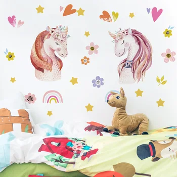 Animacinių filmų gyvūnų sienų lipdukai vienaragis modelio mergina širdies mielas lipdukai darželį, dekoravimo, kūdikių miegamųjų namo apdaila
