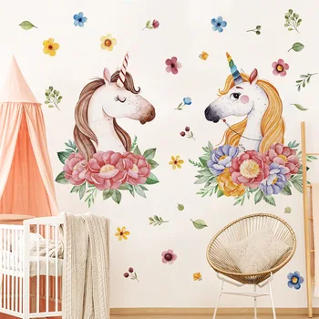 Animacinių filmų gyvūnų sienų lipdukai vienaragis modelio mergina širdies mielas lipdukai darželį, dekoravimo, kūdikių miegamųjų namo apdaila
