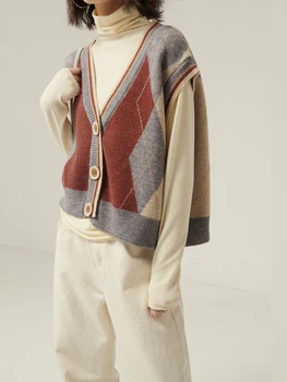 Trumpas megztinis liemenė, moterų megzti rudens ir žiemos naujas prarasti grotelės be rankovių rankovių megztinis liemenė liemenė kailis