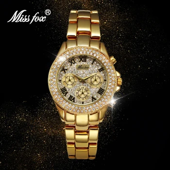 MISSFOX Moterų Laikrodžiai, Aukso Prabangos Prekės ženklo Moterims Klasikiniai Fack Chronograph Romos Numeris Bling Laikrodis Tendencija 2020 Ponios G