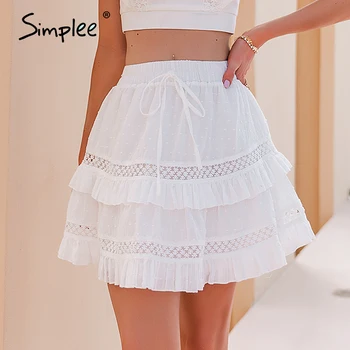 Simplee Elegantiška balta susiėmę-line mini sijonai vasaros Elastinga aukštos juosmens varčios sijonas moterims Polka dot siuvinėjimo nuosėdos atostogų