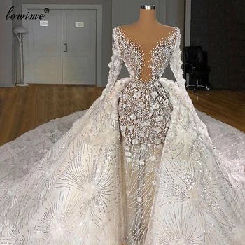 Prabangus Dviejų Dalių Vestuvių Suknelės 2020 Ilgomis Rankovėmis Perlų Vestuvių Suknelės Gėlių Blizgančiais Nuotakų Suknelės, Vestidos De Novia