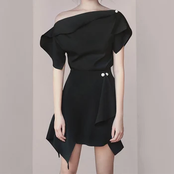 Max Spri 2019 Naujas Mados Šalis Stiliaus Moterų Suknelė Kieto Juoda Vieną Petį Su Diržo Asimetriškas Hem Mini Šalis Suknelė
