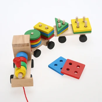 Vaikams Mokomieji Montessori Mediniai Krovimas Traukinių Transporto Priemonės Blokai Geometrinis Asamblėjos Atitikimo Pažinimo Blokai Žaislai