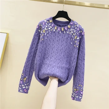 Sunkioji Pramonė Diamond Retro O-Kaklo Megztinis Mezgimo Marškinėliai Moterų 2020 m. Rudens Žiemos Naujas Laisvas Megztinis Mergaitėms Violetinė Megztiniai