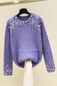 Sunkioji Pramonė Diamond Retro O-Kaklo Megztinis Mezgimo Marškinėliai Moterų 2020 m. Rudens Žiemos Naujas Laisvas Megztinis Mergaitėms Violetinė Megztiniai