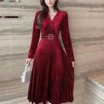 Elegantiškas Žiemos Aksomo Suknelė Moterims, Plisuotos Diržas V-Kaklo, Ilgomis Rankovėmis Rudens Prancūzijos Derliaus Juoda Raudona Mėlyna Blauzdos Ilgis Suknelės 2020 M.