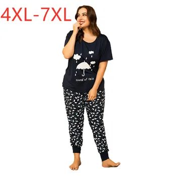Nauja rudens žiemos plius dydis pižama moterims prarasti spausdinti black marškinėliai ir ilgos kelnės namų dėvėti dviejų dalių kostiumai 4XL 5XL 6XL 7XL