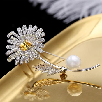 Elegantiškas Geltonas Kristalas Gėlių Sages Moterims 2020 Cirkonis Perlas Saulėgrąžų Sagės, Segtukai, Papuošalai broche femme bijoux de luxe