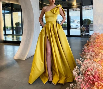 A-Line Ilgą Vakarinę Suknelę Su Kišenėmis 2020 Vestidos De Fiesta Pusės Split Vestidos Elegantes Chalatas De Soiree