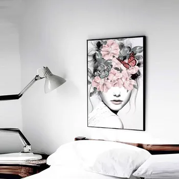 Pink Gėlių Mergaitė Portretas Plakatas Šiaurės Drobės Tapybos Sienos menas, Plakatų ir grafikos Abstrakčių paveikslų Kambarį apdaila