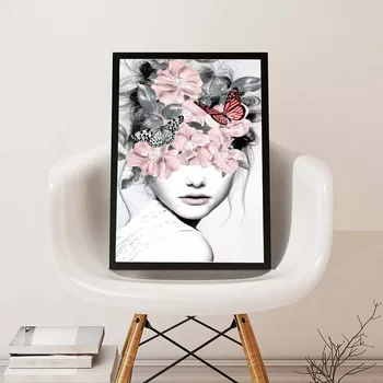 Pink Gėlių Mergaitė Portretas Plakatas Šiaurės Drobės Tapybos Sienos menas, Plakatų ir grafikos Abstrakčių paveikslų Kambarį apdaila