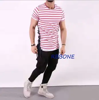 Man Si Tun 2018 Naujas Vasaros Hip-hop stiliaus Dryžuotas Marškinėliai Negabaritinių Slim Fit Pusėje Virvę Išsamiai Medvilnės Longshirt Vyras Drabužiai