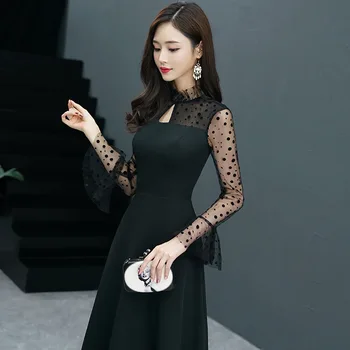 Tai YiiYa vakarinę Suknelę ilgomis Rankovėmis, O-kaklo Juodas Mados Oficialią Suknelės Elegantiškas Dot Modelio Šalis Suknelė Moterims E062