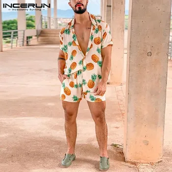 Mados Vyrų Rinkiniai Vaisių Spausdinimo Vasaros Atvartas Trumpas Rankovės Marškinėliai Paplūdimio Šortai Kvėpuojantis Vyrų Havajų Rinkiniai 2 vnt INCERUN