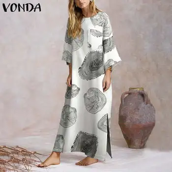 Moterų Pavasario Vintage Suknelė ilgomis Rankovėmis Atspausdintas Padalinta Šalis Maxi Ilgio Suknelės 2021 VONDA Atsitiktinis Vestido Plius Dydis Sundress Skraiste