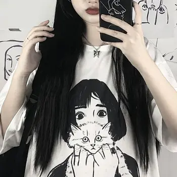Vasaros Plius Dydis Moterų Harajuku trumparankoviai Marškinėliai Goth Moterų korėjos Mielas Animacinių filmų Personažą Anime Marškinėliai White T-shirt Ins