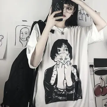 Vasaros Plius Dydis Moterų Harajuku trumparankoviai Marškinėliai Goth Moterų korėjos Mielas Animacinių filmų Personažą Anime Marškinėliai White T-shirt Ins
