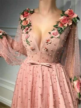 A-line Prom Dresses V kaklo Rožinė Ilga Promenadzie Suknelė Vakaro Suknelės Su 3D Gėlių Vakare Chalatai ilgomis Rankovėmis