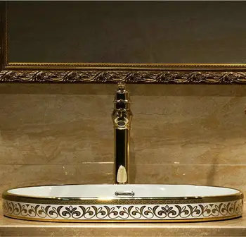 Mozaikos Aukso Ovalo Formos Keraminės Pusiau Counter Lavobo Vonios Kriaukle Su Perpildymo Apsiplovimo