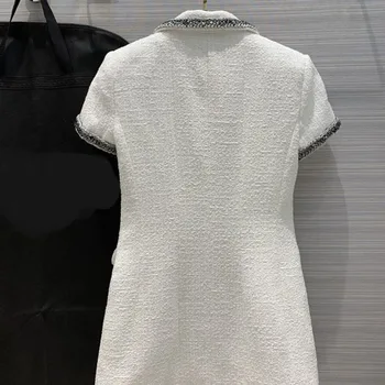 Naujas Mažos kvepalų Pearl White tvido suknelė temperamentas Įžymybė Plonas Plonas Atvartas trumpomis Rankovėmis Suknelė AL19539