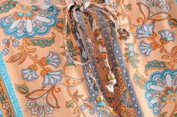 Bohemijos Bell Jungiamąją Iki V kaklo Smėlio Apelsinų Gėlių Atostogų Ilga Suknelė Moteris Laivapriekio Kaklaraištis Juosmens ilgomis Rankovėmis Kutas Suknelės BOHO Paplūdimys