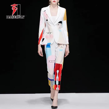 Naujas Dizaineris Aukštos Kokybės kilimo ir tūpimo Tako Baltos-Dviejų dalių kostiumėlį Vieną Mygtuką Striukė Sportinius Kojų Kelnės Abstraktaus Meno Dažai Kostiumas Moterims 2019