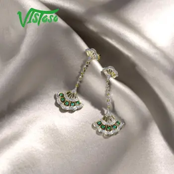 VISTOSO Aukso Auskarai Moterims, Originali 14K 585 Geltonos Aukso Magija Smaragdas Putojantis Deimantų Sužadėtuvių Metines Fine Jewelry