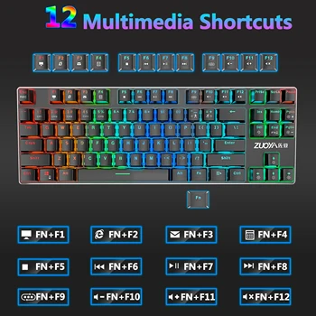 Žaidimų Mechaninė Klaviatūra 87 klavišus MIX/RGB Apšvietimas Žaidimas Laidinė klaviatūra Mėlyna Raudona perjungti USB Nešiojamas Kompiuteris anglų/rusų