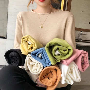 2020 m. rudenį naujų megztinis vientisų spalvų didelis apvalios kaklo riesta dugno megztiniai megztinis moteriška candy spalva pagrindinio viršų visas rungtynes