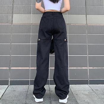 Weekeep Streetwear Tuščiaviduriai Iš Y2K Moterų Džinsus Mados Aukštos Juosmens 90-ųjų Punk Tiesios Kelnės Mygtukai Skristi Baggy Jogger Džinsinio audinio Kelnės