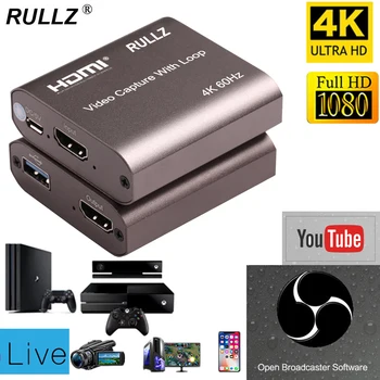 4K 60hz Loop Out HDMI Užfiksuoti Kortelės, Garso ir Vaizdo Įrašymo Plokštė Live Transliacijos USB 2.0 3.0 1080p Grabber už PS4 Žaidimas DVD vaizdo Kamera