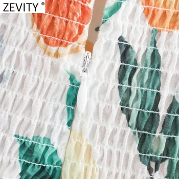 Zevity 2021 Naujas Moterų Tropinių Gėlių, Vaisių Spausdinti Elastinga Mini Suknelė Moteriška Elegancija Atgal Užtrauktuką Klostyti Ruffles Beach Vestido DS5062