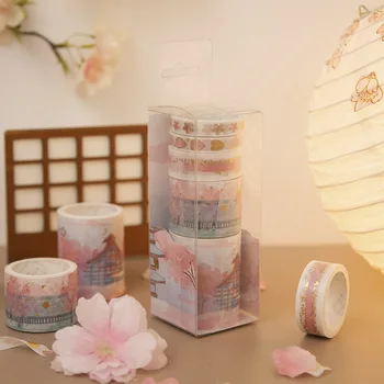 5vnt Japonijos Sakura Popieriaus Washi Tape Nustatyti Pink Cherry Gėlių Aukso Spalvos Lipnia Izoliacine Juostos, Apdailos Lipdukai 