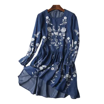 2021 Naujas Mados Vasaros Atsitiktinis Džinsinio Audinio Suknelės Moterims Ilgomis Rankovėmis Derliaus Etninės Gėlių Siuvinėjimas Džinsus, Suknelę, Vestidos Skraiste Femme