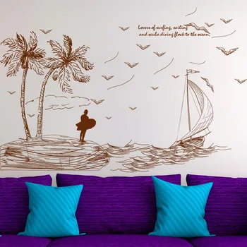 Eskizas kokoso medžio burlaivis žuvėdra paplūdimys surf kraštovaizdžio sienų lipdukai lipdukai namų dekoro svetainės, miegamojo tapetai Dailės Freskos