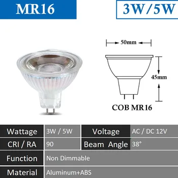 5VNT MR16 LED 3W 5W Vietoje Šviesos Ne Pritemdomi AC/DC 12V COB 38 Laipsnių Lampada Kukurūzų Lemputės, Patalpų, Namų Apdailos Ampulä -