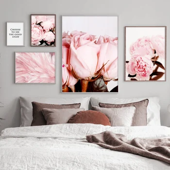 Pink Peony Gėlių Pumpurų Medvilnės Flamingo Plunksnų Meno Tapybos Drobės Šiaurės Plakatai Ir Spausdina Sienos Nuotrauka Už Kambarį Dekoro