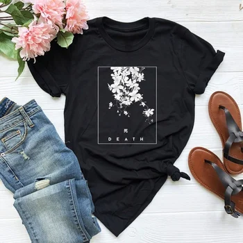 Starqueen-JBH Japonų Stiliaus Gėlių Spausdinti Gotikos T-Shirt Moterų Grunge Estetinės Pastelinių Goth T-shirts Edgy Mados Medvilnės Tees