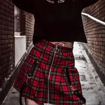 Raudonas Pledas Punk Moteris Mini Sijonai Gotikos Harajuku Sijonas Lady Zip Kišenėje Ullzang Imperija-line Hip-hop ' o Skersai Gatvės Atsitiktinis sijonas