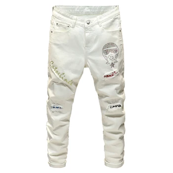 Sokotoo Vyrų mados kristalų kratinys balti džinsai Streetwear slim fit pleistras dizaino ruožas džinsinio audinio kelnės