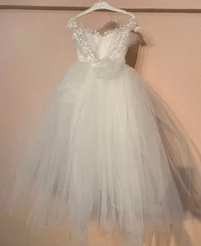 Vartotojo Baltos spalvos Dramblio kaulo Pirmosios Komunijos Suknelė Mergaitėms Nėrinių Aplikacijos Vien Kaklo Mergaičių Suknelės Vaikas Šalis Suknelė