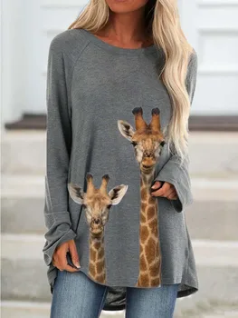 Atsitiktinis Rudenį Žirafa Spausdinti Ilgi marškinėliai-Moteris, O-kaklo, ilgomis Rankovėmis Laisvas Megztinis Viršūnes Mados Ponios Gatvės Žiemos Drabužių Pilka