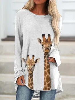 Atsitiktinis Rudenį Žirafa Spausdinti Ilgi marškinėliai-Moteris, O-kaklo, ilgomis Rankovėmis Laisvas Megztinis Viršūnes Mados Ponios Gatvės Žiemos Drabužių Pilka