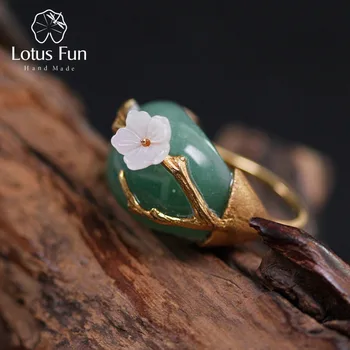 Lotus Įdomus Nekilnojamojo 925 Sterlingas Sidabro Natūralus Rožinis Žalia Akmenų Originalaus Dizaino Rankų darbo Fine Jewelry Slyvų Gėlių Žiedai Moterims